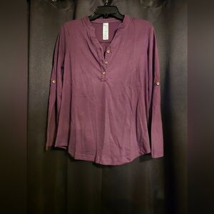 Women’s Purple Knit Tunic Top | Medium | Roll Tab Sleeve Henley
